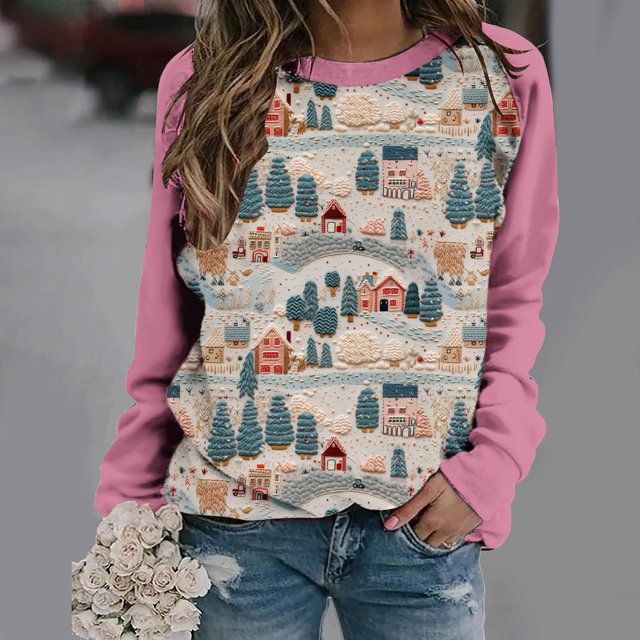 Birdeem Blouse de Noël Imprimée à Manches Longues pour Femmes, Col Rond, Tunique Décontractée