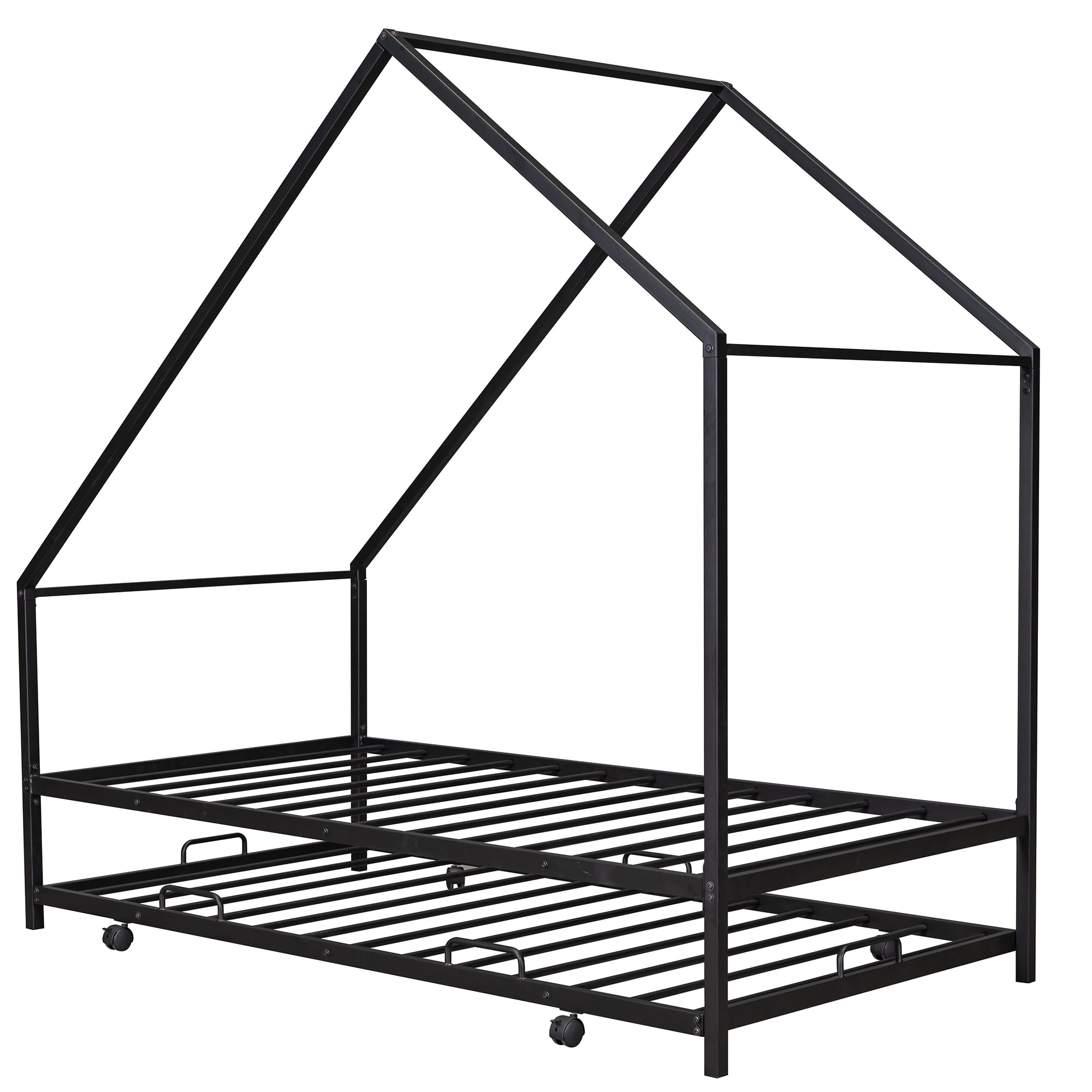 Gewnee Metal House Bed With Trundle,Kids Twin Size House Shaped Platform Bed Frame,Black
