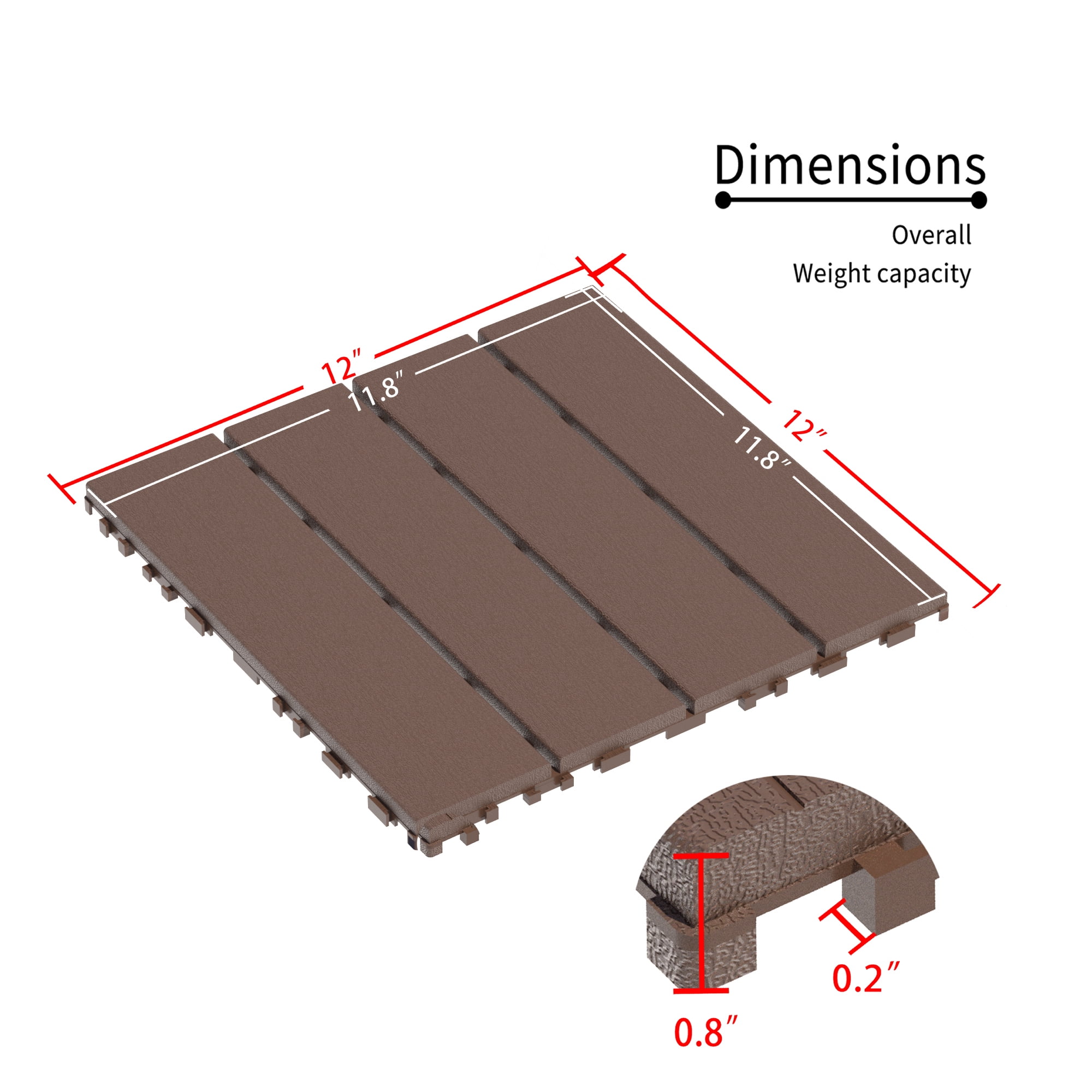 Interlocking Decking Tiles 12x12 in, Waterproof Plastic Flooring for All-Weather Use, Patio Decking for Poolside Balcony Backyard, Brown, 44pcs