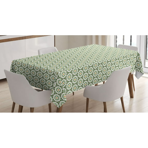Geometric Tablecloth, Hexagon Pattern Design Abstract Geometric Forms on White, Rectangle Satin Table Cover Accent for Dining Room and Kitchen, 52" X 70", Pale Orange Olive Green, by Ambesonne