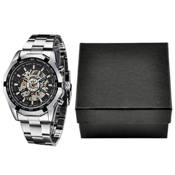 Graflsoa WINNER Semi-Automatic Mechanical Watch with Skeleton Dial, Stainless Steel Band, Black/Silver Options, Hand-Winding Movement, Water-Resistant, Gift Box Included