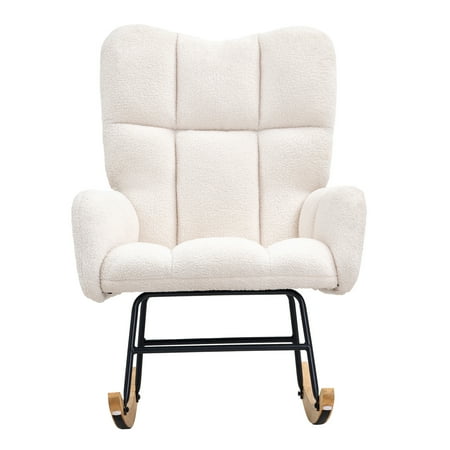 Rocking Chair Nursery, Glider Rocking Chair with Soft Seat and High Backrest, 250 lbs Weight Capacity Teddy Fabric, Upholstered Glider Rocker Chair for Nursery, Bedroom, Living Room, Ivory White
