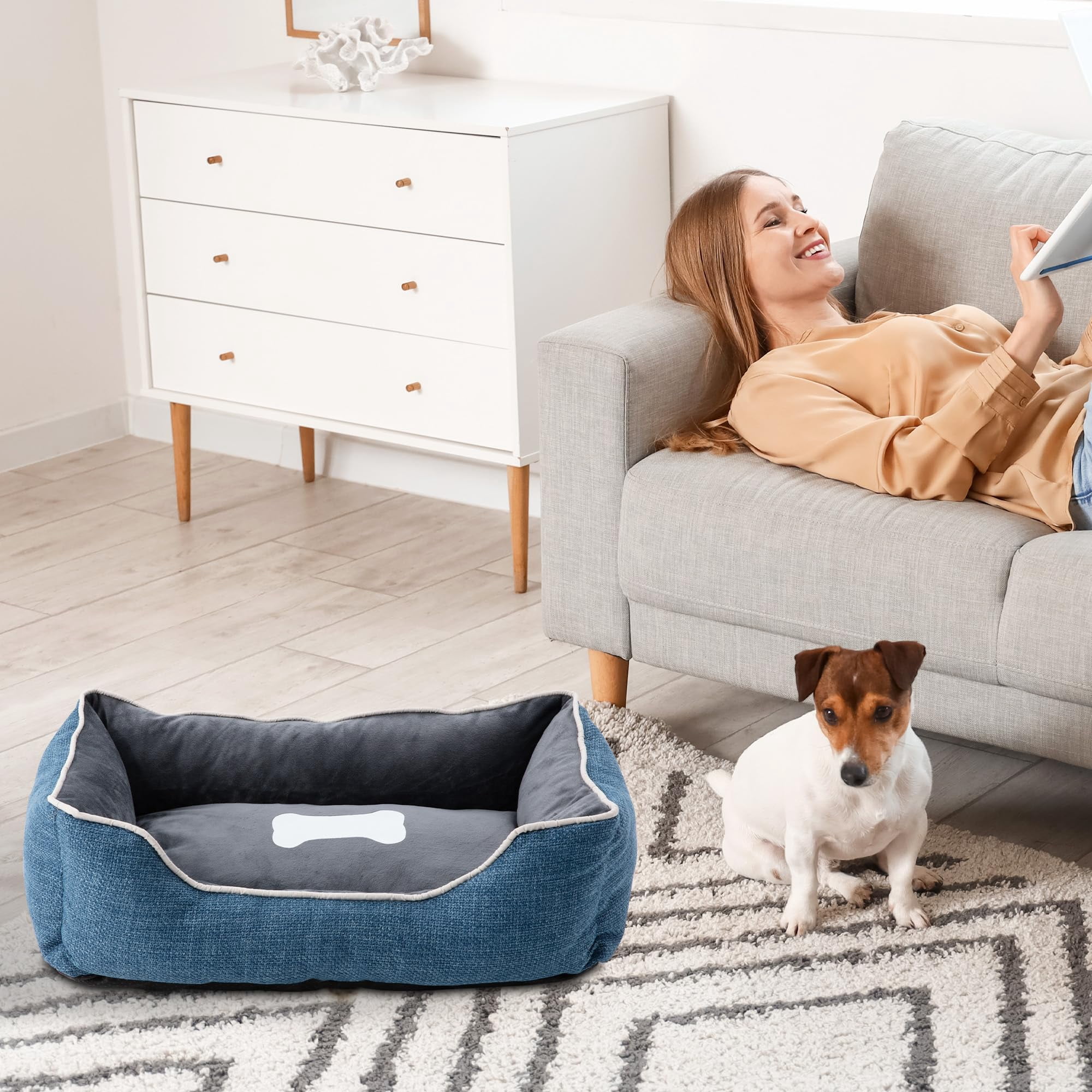 CozyHome Small Dog Bed with Anti-Slip Bottom, Cat Bed with Removable Washable Cover, Plush Pet Bed for Dogs and Cats, Cute Dog Pillow Bed, Calming Cat Couch Bed for Indoor, Outdoor, Blue