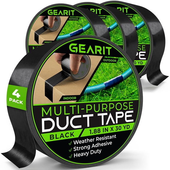 GEARit Duct Tape with Heavy-Duty Adhesive (4-Pack, 1.88in, 30yd Each) Black, Waterproof, Easy to Tear by Hand, Indoor Outdoor, Multi Surface Use, Professional Strength - 2 Inch, 4 Roll, 90 Feet