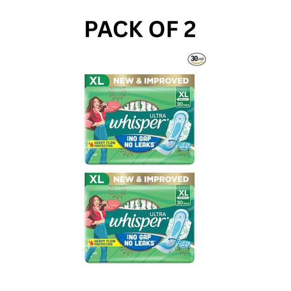 Whisper Ultra Clean Sanitary Pads for Women, XL, Pack of 30 Napkins PACK OF 2
