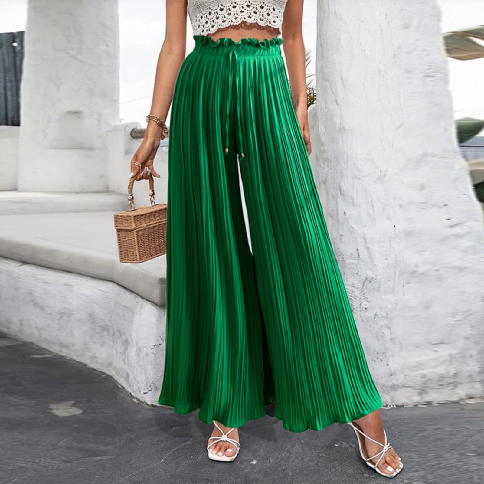 Summer Pants Women's Solid Pleated High Waist Smocked Lounge Trousers  Casual Loose Wide Leg Palazzo Pants - Pants & Capris - AliExpress