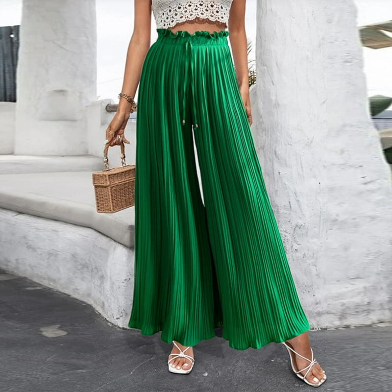 nsendm Womens Wide Leg Palazzo Pants High Waisted Pant Smocked Pleated  Loose Fit Casual Petite Pants for Women Work Casual Pants Green Medium 