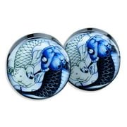 Angle View: Pair Acrylic Ear Plugs Flesh Tunnels Stretchers Expanders Screw Koi Fish YinYang