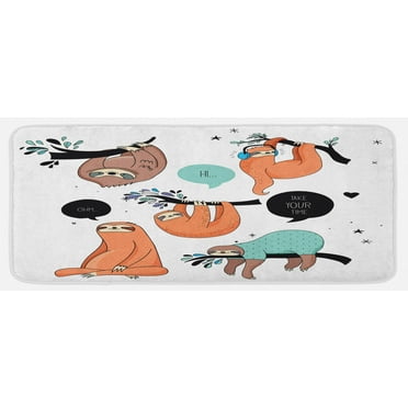Animal Kitchen Mat, Cartoon Style Illustration Tribe of Sloths Smiles Sleeping Lazy does Yoga Words, Plush Decorative Kitchen Mat with Non Slip Backing, 47" X 19", Multicolor, by Ambesonne