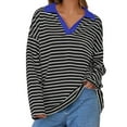 thumbnail image 5 of Women's Oversized Striped Sweatshirt Casual Long Sleeve V Neck Loose Fit Pullover Spring Tops Shirts, 5 of 7