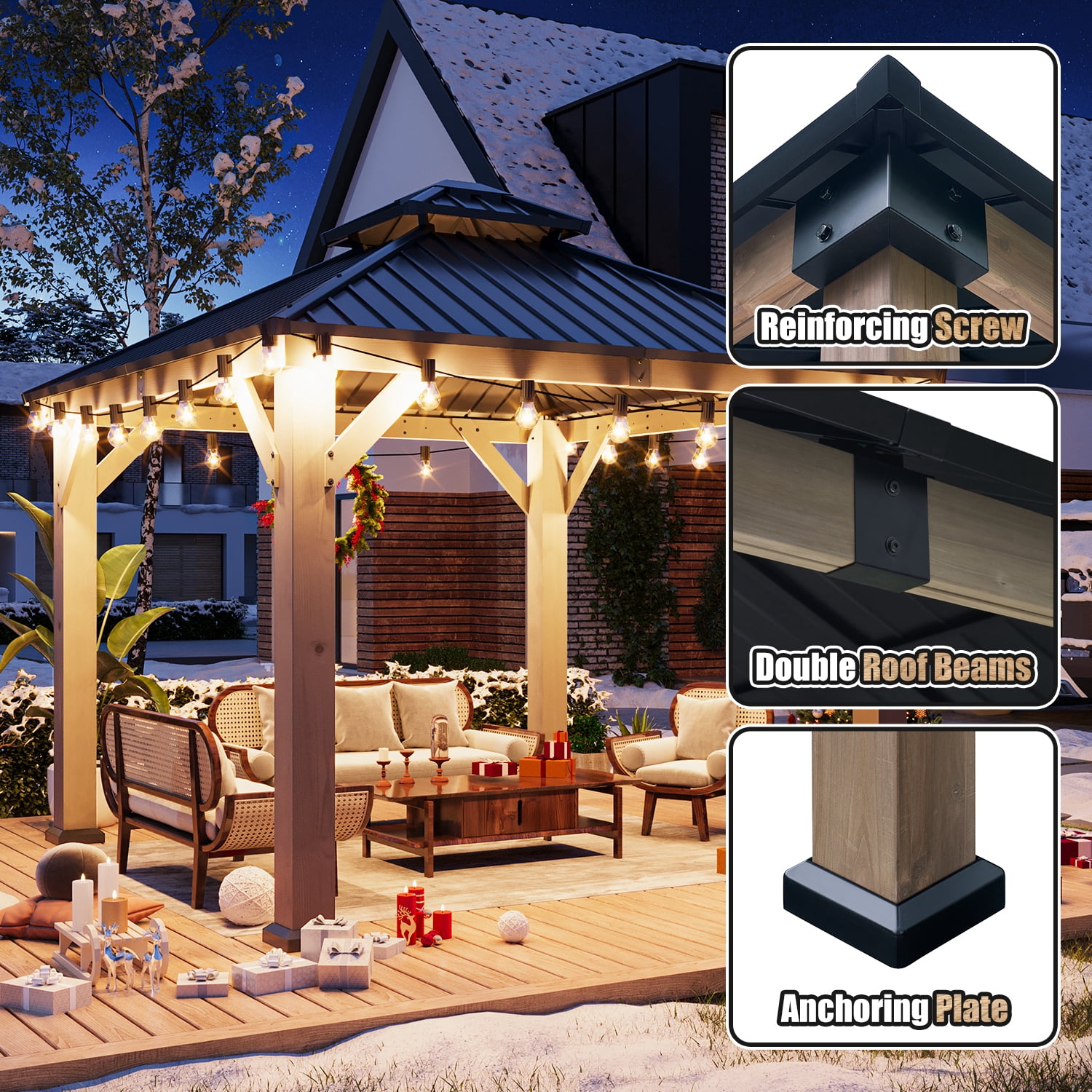 BaPiPro 10x10FT Double Roof Hardtop Wooden Gazebo Quick-Assembly Canopy for Patio Garden, Light Gray