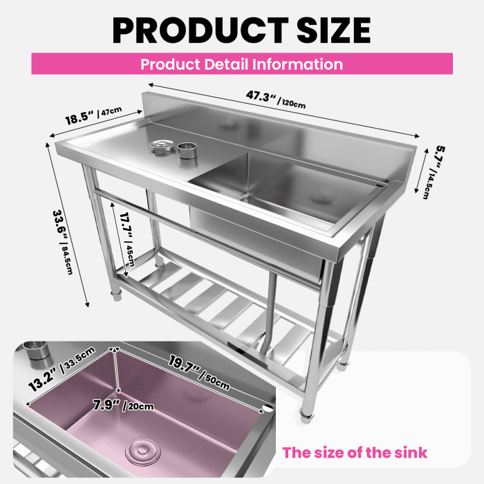 Stainless Steel Utility Sink, 304 Stainless Steel, 19.7x13.2in Bowl, Spacious, Free Standing Sink, Kitchen, Restaurant, Cafe