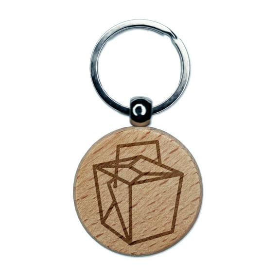 Chinese Food Take Out Box Closed Round Keychain Charm Tag - Engraved Wood