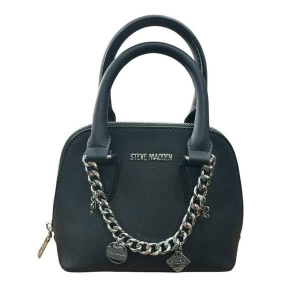 Mini Crossbody Steve Madden color negro con doble asa para mano y asa larga para hombro ajustable, mide 20 cm de ancho por 15 cm de alto