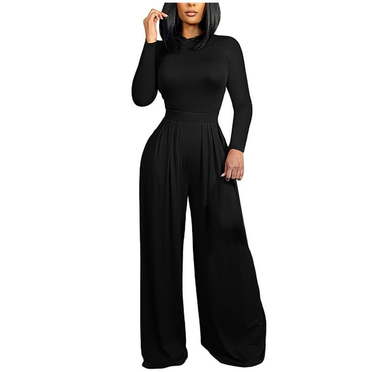 YWDJ Two Piece Outfits for Women Fall Going Out Women Two Piece Set Soft  Color Block Printing Long Sleeve O Neck Fall Tops Long Hight Waist Trousers  Pants Casual Suit Black XS 