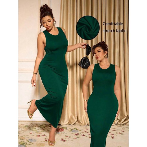 Dark Green Plus Size Solid Round Neck Sleeveless Fitted Bodycon Maxi Dress