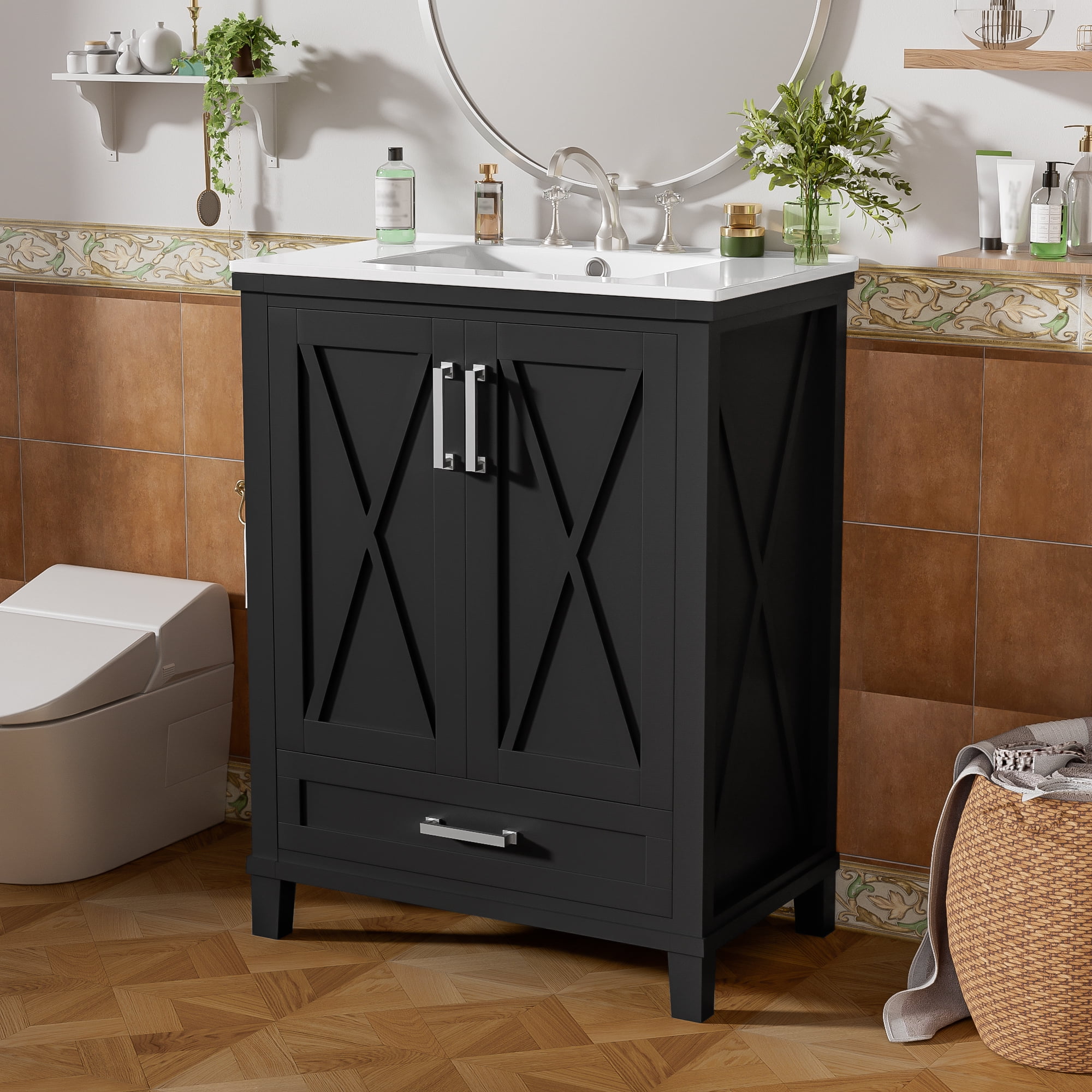 Euroco 24-inch Bathroom Vanity with Single Sink, Solid Wood Frame + MDF, 2 Soft-Close Doors, 1 Divided Drawer, Dual Storage Shelves, Ample Storage Space