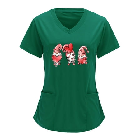 

Women Scrubs Top Working Uniform Nurses Clothing Workwear Casual V-Neck Cute Valentine s Day Love Heart Printed Short Sleeve Shirt Top Streetwear