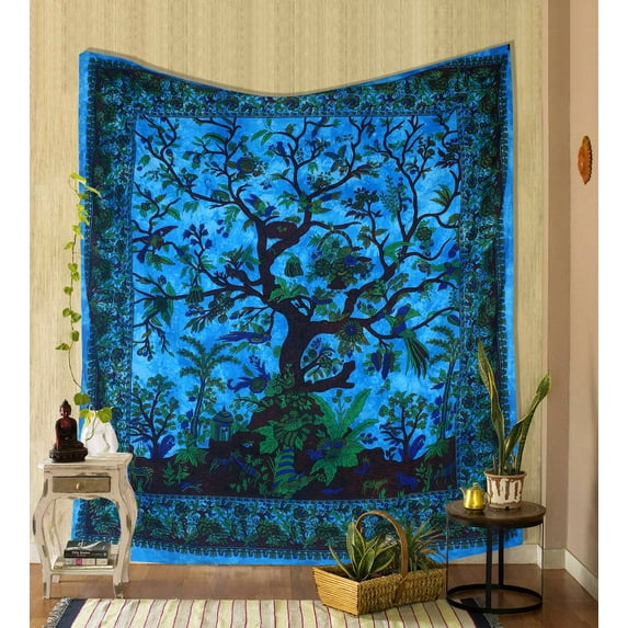 THE ART BOX Tapestry Turquoise Tree of Life Wall Hanging Psychedelic Tapestries for Bedroom Indian Cotton Twin Picnic Sheet Home Wall Decor Bohemian Tapestry (Twin, 82x54 inches)