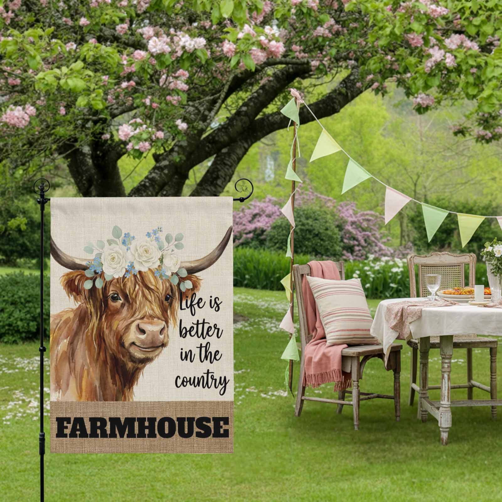 Farmhouse House Flag 28 x 40 Inches, LIFE IS BETTER IN THE COUNTRY Funny Cow Flowers Linen Weather Proof Outdoor Patio Flags Double Sided Small House Decoration for Yard Lawn Outside Home