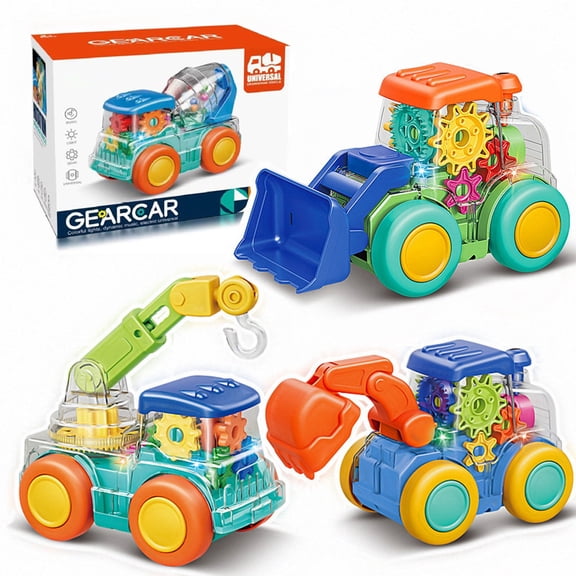 Construction Trucks Toys for Kids, Transparent Gear Bulldozer Toys, Construction Vehicles Toys with Lights and Sound, 360 Degree Rotating Wheels, Toy Vehicles for 3  Years Old Kids (Random Color)