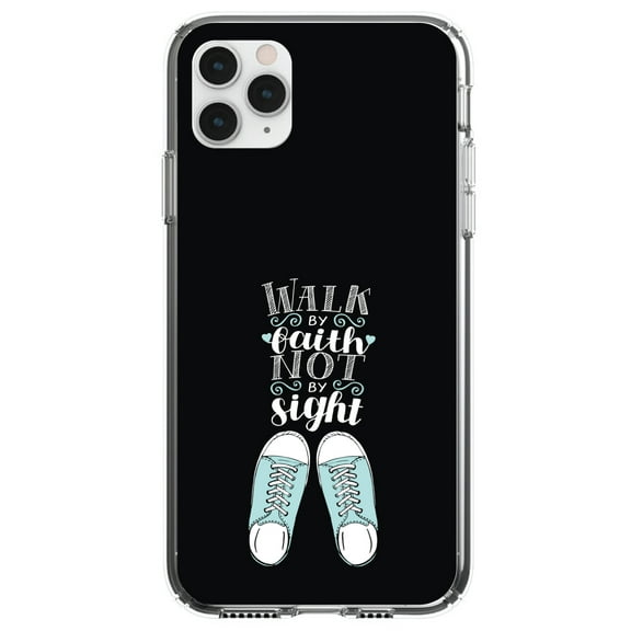 DistinctInk Clear Shockproof Hybrid Case for iPhone 11 (6.1" Screen) - TPU Bumper, Acrylic Back, Tempered Glass Screen Protector - Walk By Faith Not By Sign - Sneakers
