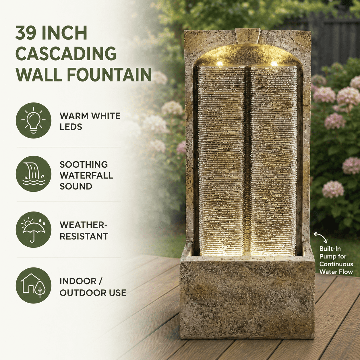 Aukfa 39" Outdoor Water Fountain with LED Lights, Slate Style Resin Water Wall Feature for Patio Garden Backyard,Brown