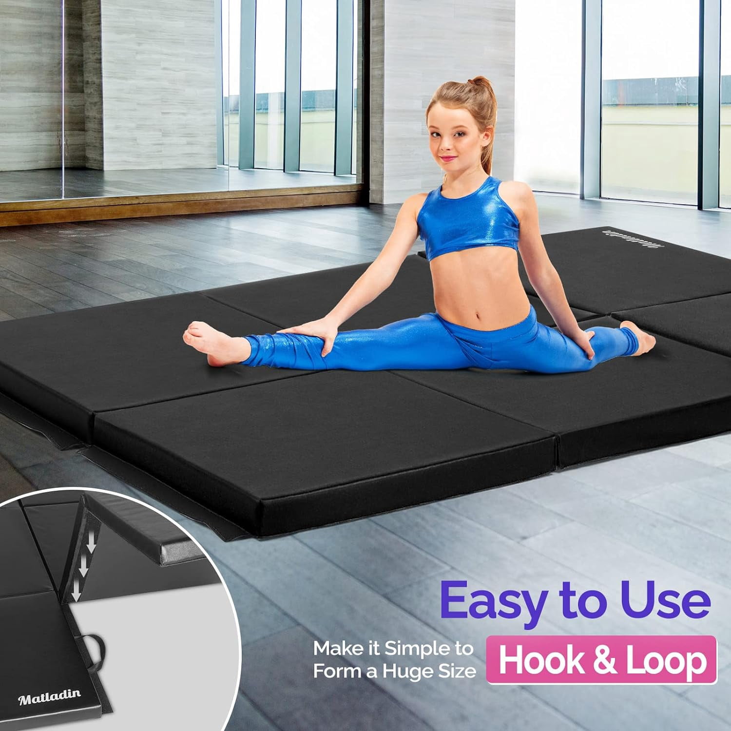 Matladin 6' Folding Tri-fold Gymnastics Gym Exercise Aerobics Mat, 6ft x 2ft x 2in PU Leather Tumbling Mats with Hook & Loop Fastener for Stretching Yoga Cheerleading Martial Arts