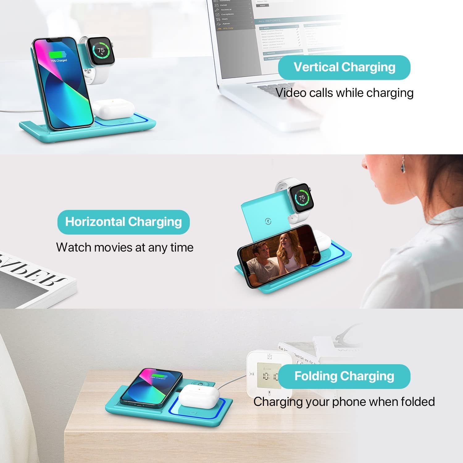 Wireless Charger, 3 in 1 Wireless Charging Station, Fast Wireless Charger Stand for iPhone 14/13/12/11/Pro/Max/XS/XR/X/8/Plus, for Apple Watch 7/6/5/4/3/2/SE, for AirPods 3/2/Pro