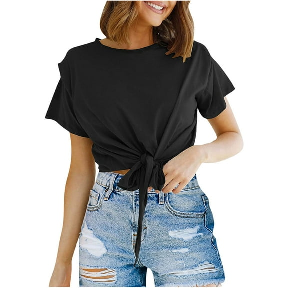 Scyoekwg Womens Casual Short Sleeve Chest Tie Knot Front Tops Crew Neck Summer Comfy Solid Color Crop Top T-Shirt Black L