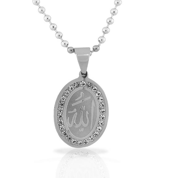 Stainless Steel White CZ Muslim Islam God Allah Pendant Necklace
