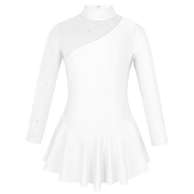 inhzoy Robe de Patinage Artistique pour Filles Manches Longues avec Strass Robe de Danse Ballet Justaucorps de Gymnastique Blanc 4