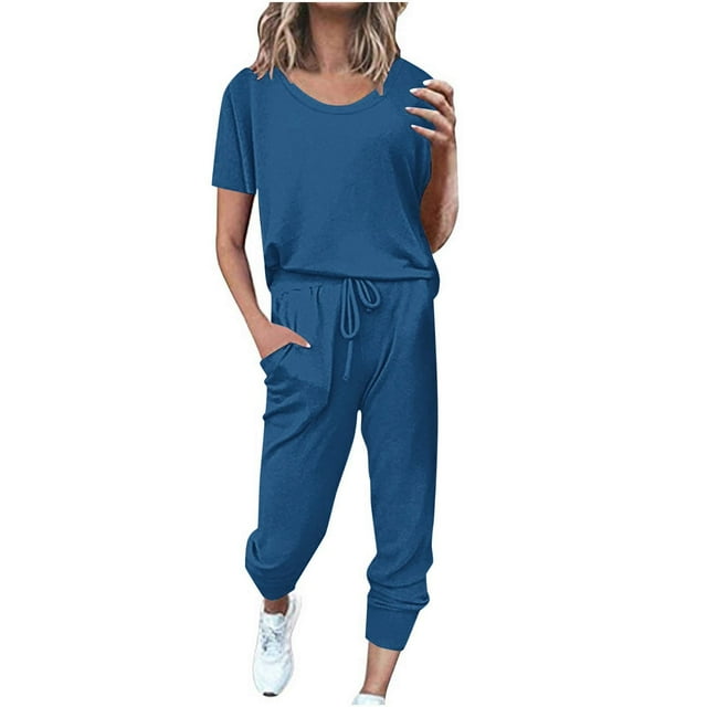 Yuyuzo Womens Workout Sets 2 Piece Short Sleeve Crew Neck T-Shirts Drawstring Jogger Pants with Pockets