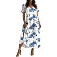 thumbnail image 2 of Womens Holiday Dresses Ndbuld Women's Loose Short Sleeved Round Neck Fashion Bohemian Flared Split Floor-Length Maxi Dress Light Blue M, 2 of 7