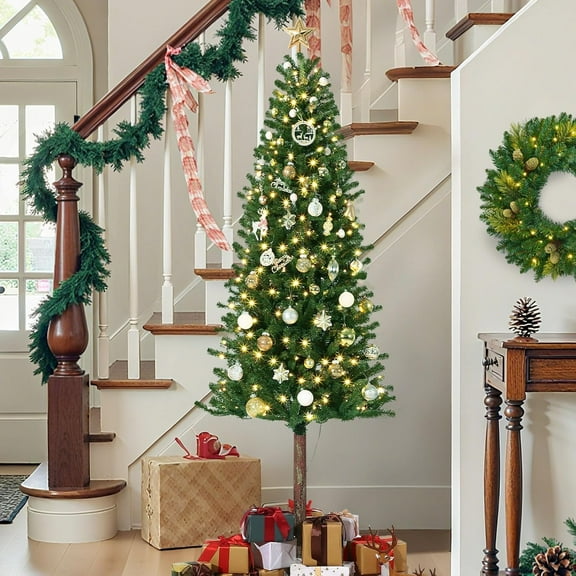 Litake 6 ft Christmas Tree, 6 ft Artificial Prelit Slim Pencil Tree with Warm White Lights & Metal Stand, Easy Assemble, Xmas Decor for Home Party Office Mall Holiday Decoration