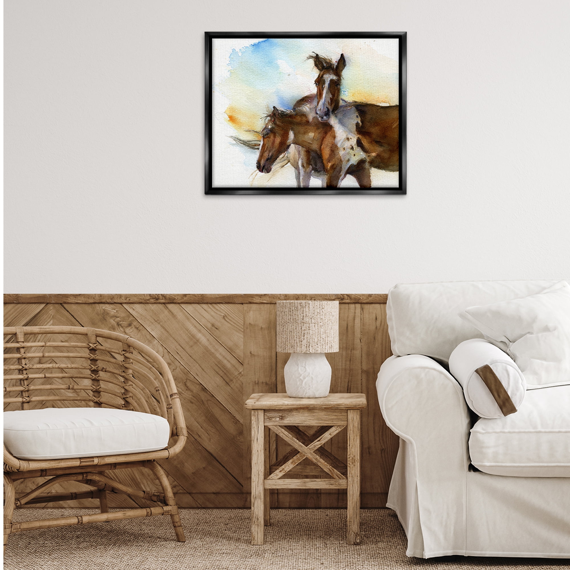 Stupell Industries Brown Horses Watercolor Animals & Insects Painting Black Floater Framed Canvas Art Print Wall Art, 31 x 25