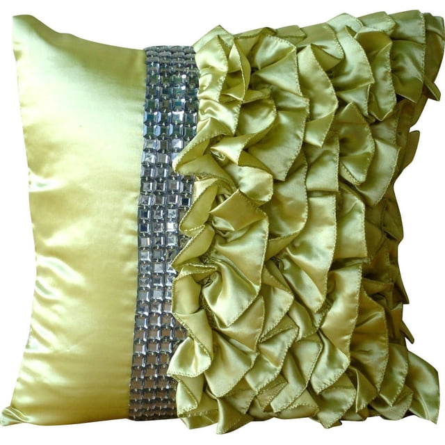 The HomeCentric Toss Pillow Cover, Pillow Cover Couch, Decorative Pillow Cover Pack of 2, 20x20 inch (50x50 cm) Green, Satin Throw Pillow Cover, Handmade Pillow Cover, , Solid - Diamonds & Ruffles