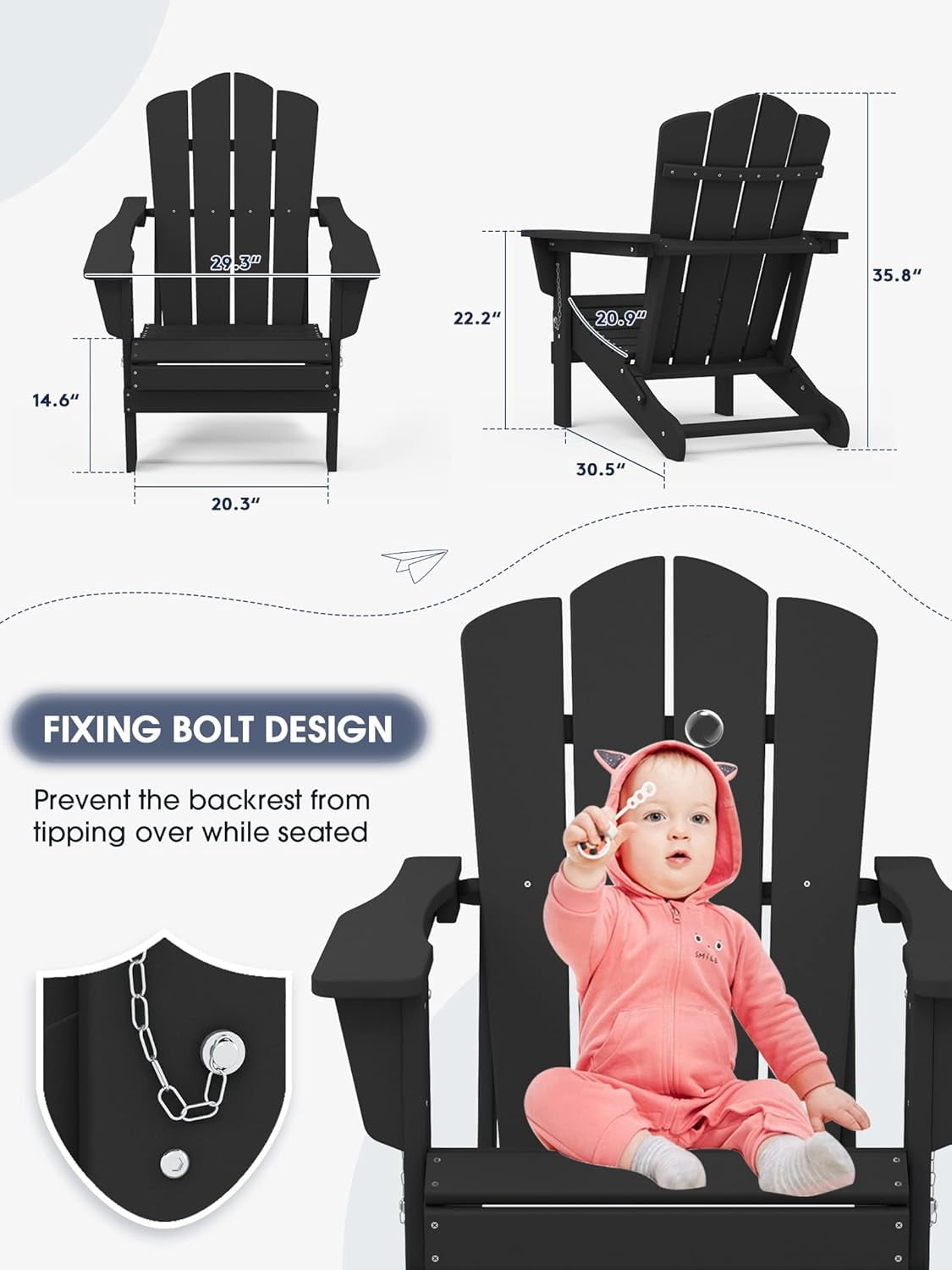 SONGMY Folding Adirondack Chair, HDPE All-Weather Patio Chairs, Wooden Textured Lawn Chair for Poolside, Backyard, Deck, Fire Pit, Black