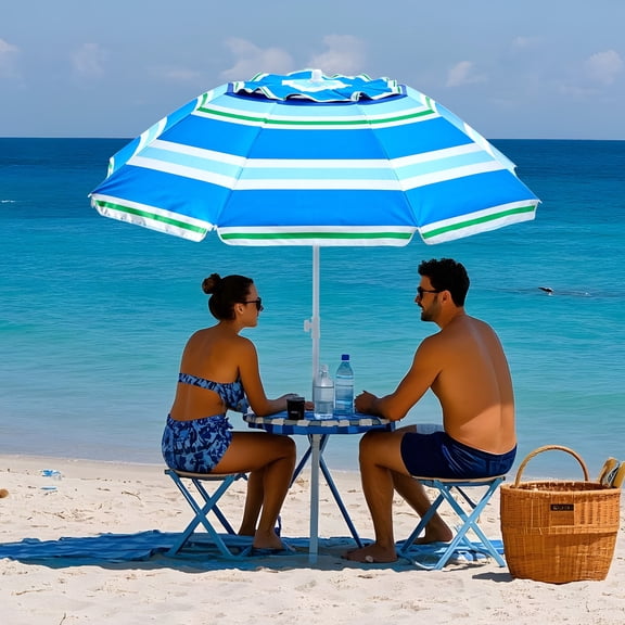 6.5ft Beach Umbrella for Sand with Tilt & UPF50 Sun Protection & Carry Bag,Blue Stripes(Blue)