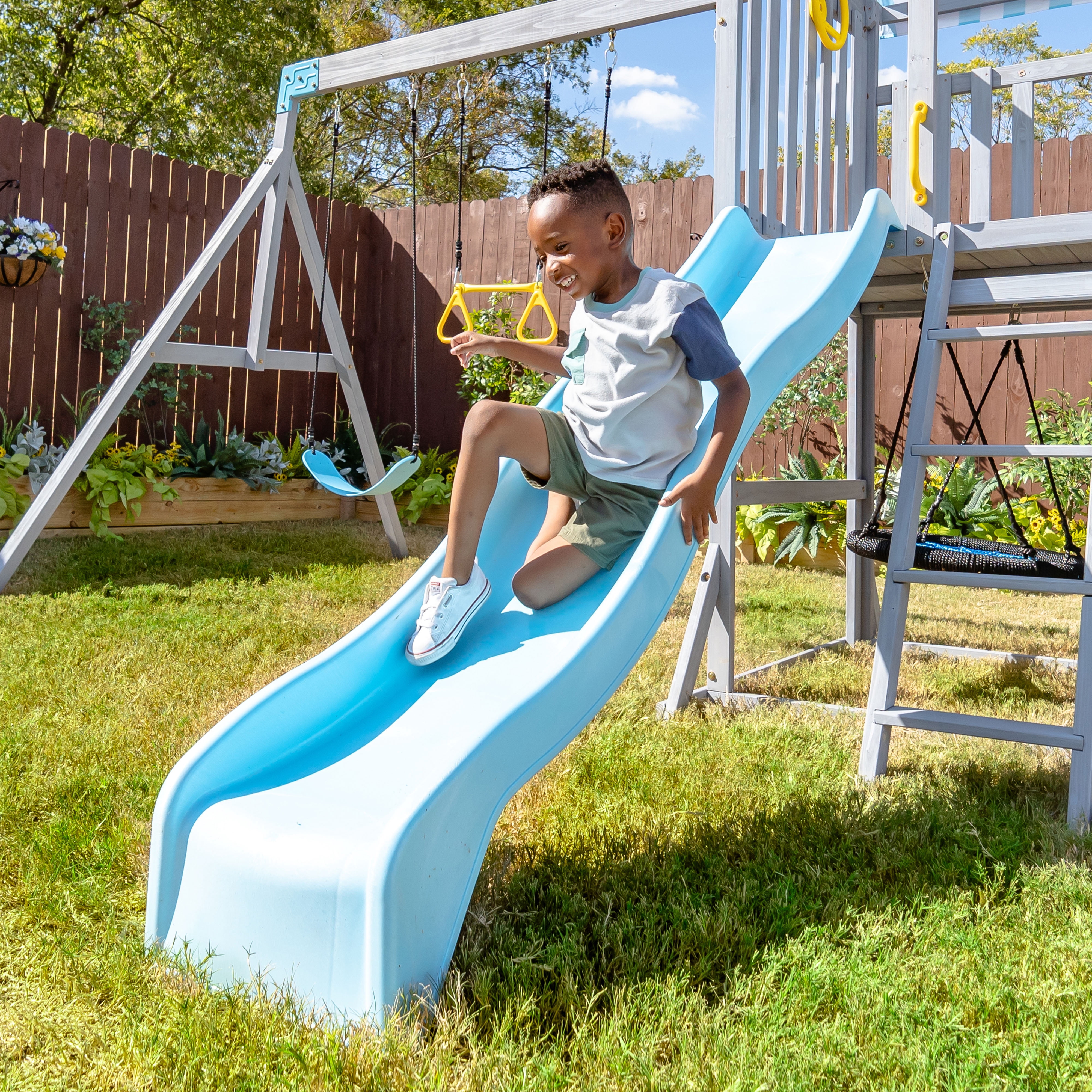 Teamson Kids Everett Plus Swing Set Playset with Platform & Rock Wall, Gray
