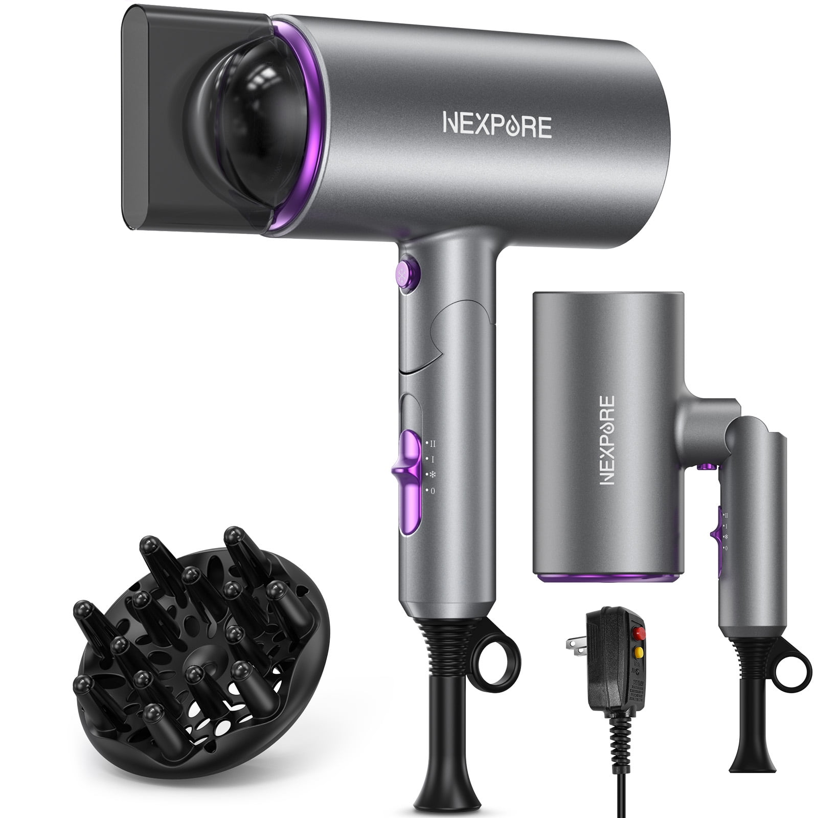Nexpure 2000W Ionic Hair Dryer, Blow Dryer with Diffuser and Concentrator for Home & Travel, Purple