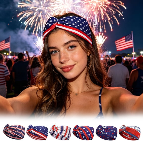 Qjidjing Turban Head Wrap, Wide Headband, Patriotic USA Flag Printed Non Slip Soft Fabric Bandana, for Daily Yoga, Sports Workout, 4th of July Casual Outfit