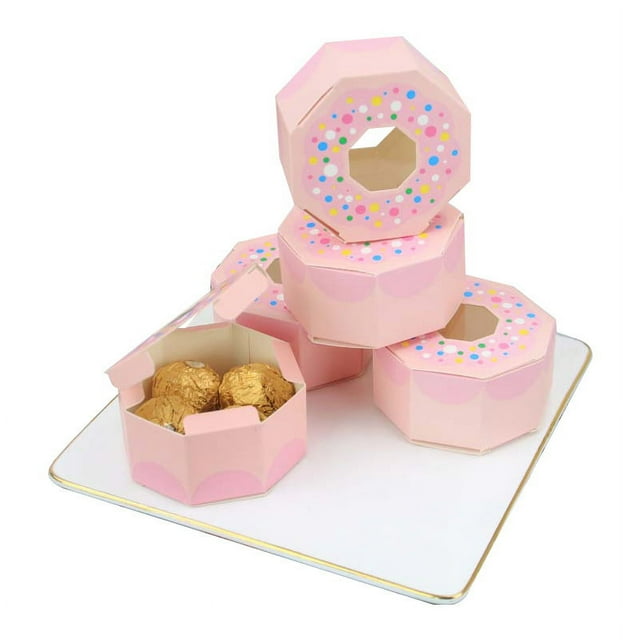 RV (Rosa) Caja poligonal de donas de dibujos animados de 50 piezas, caja de regalo de cartón, caja de regalo vacía, mini caja de dulces, chocolate, temporada de graduación, boda, vacaciones, fiesta