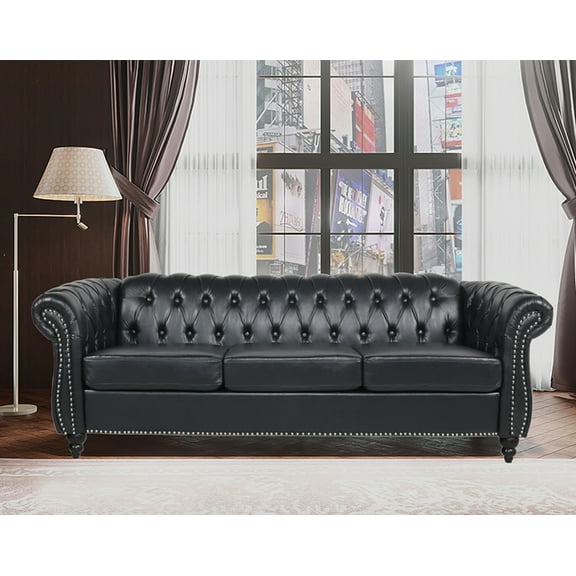 84" Chesterfield Sofa, Modern PU Leather Upholstered 3-Seater Sofa with Rolled Arms and Nailhead Decoration Oversized Accent Sofa Couch with Padded Cushions and Solid Wood Legs for Living Room, Black