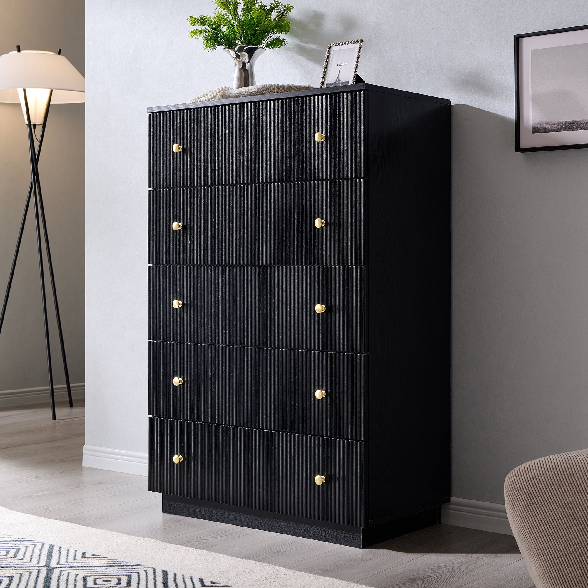 wow97e Fluted 5 Drawers Dresser, Wood Tall Chest of Drawers with Deep Storage, Modern Bedroom Chest for Closet Hallway, Entryway, Living Room