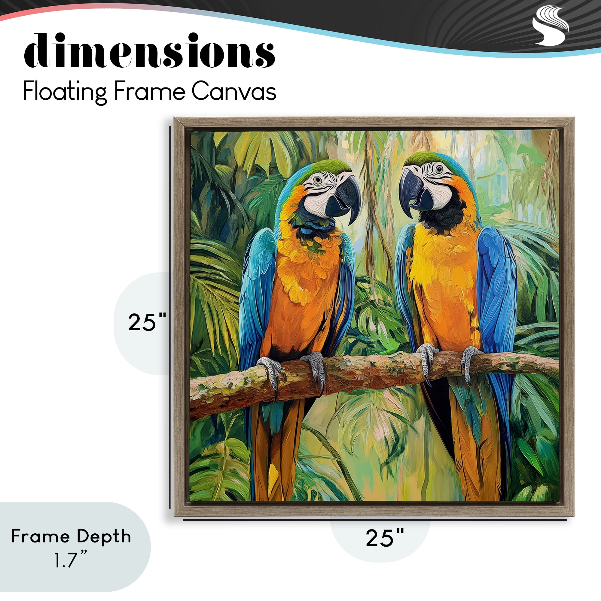 Stupell Industries Two Macaws Among Foliage Brown Framed Floater Canvas Wall Art, design by Petal Prints Design