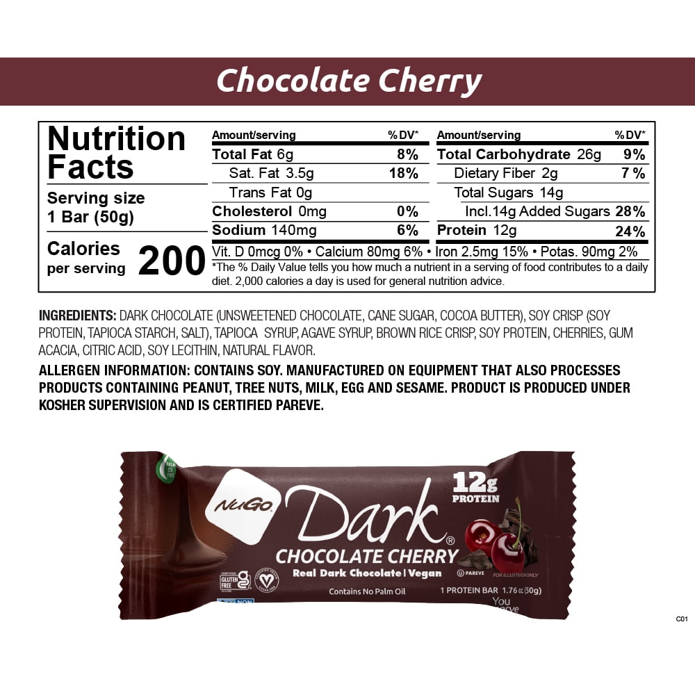 NuGo Dark Chocolate Cherry, 12g Protein Bar, Vegan, Gluten Free, Non-GMO, Kosher Pareve, 24 count