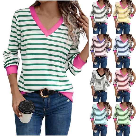 Horkkom Striped Long Sleeve Shirt Women, V Neck Tops, Spring Casual Loose Tops L