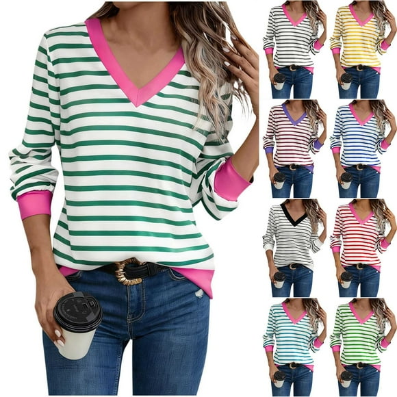 QATAINLAV Pink Womens Long Sleeve Striped Shirts Colorblock V Neck Casual Pullover Sweatshirt Cotton Comfy Tunic Tops