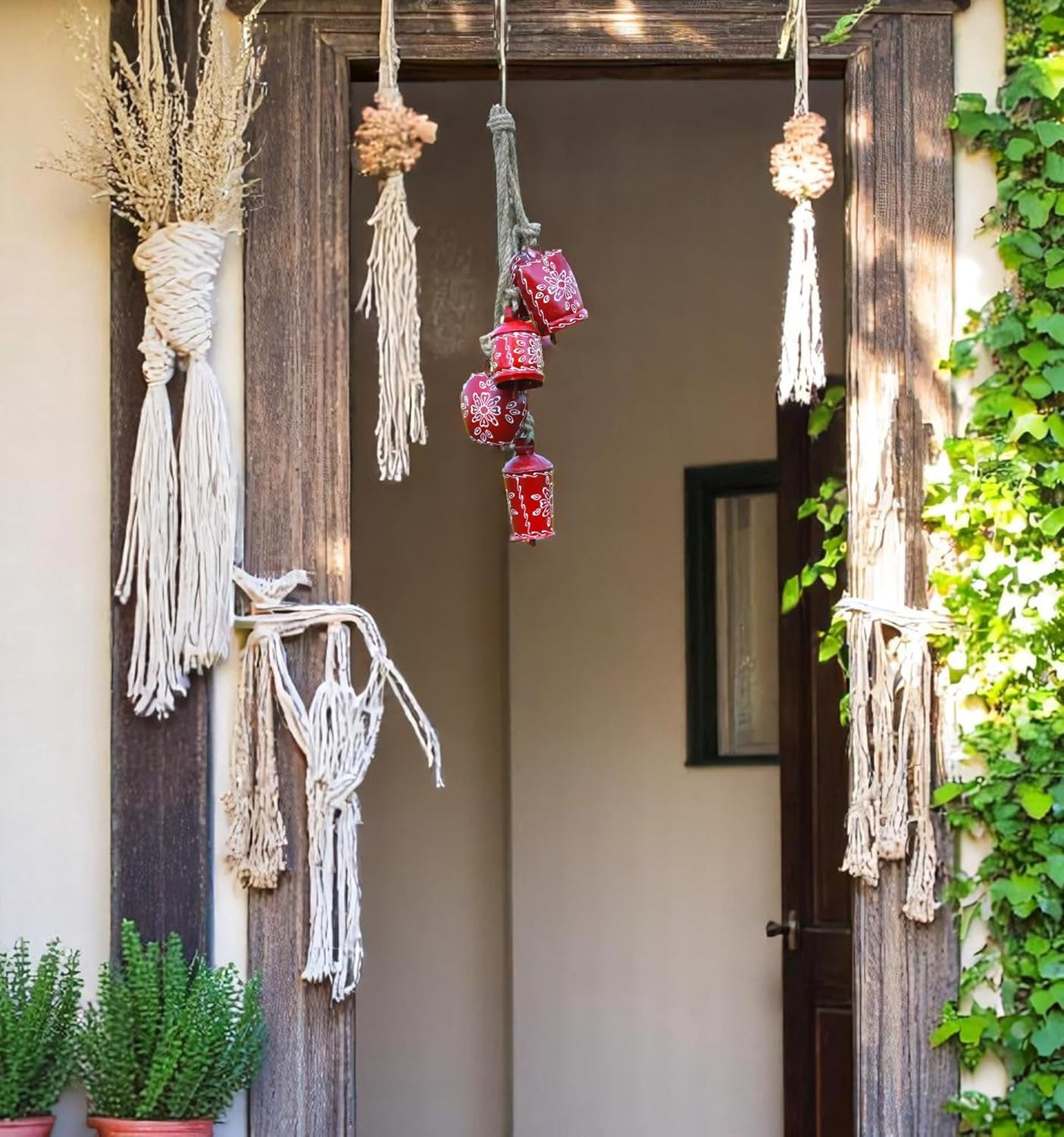 Vivanta Metal Vintage Rustic Cow Bell Wind Chime, Red, 25 inch, 5 Jingle Bells Boho Hanging, Outdoor Indoor Decor for Garden Door Porch Farmhouse and Meditation